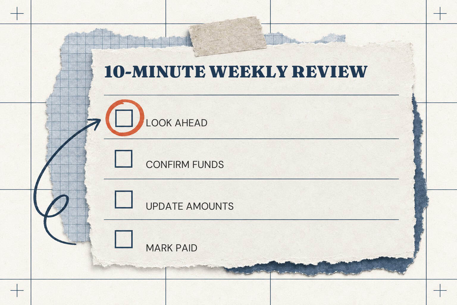 Checklist prepared for a ten-minute weekly bill calendar review.