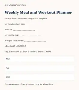 Preview of the Weekly Meal and Workout Planner resource