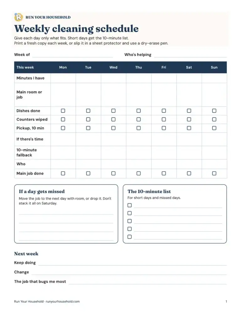 Free organization printables from Run Your Household Household cleaning schedule printable preview