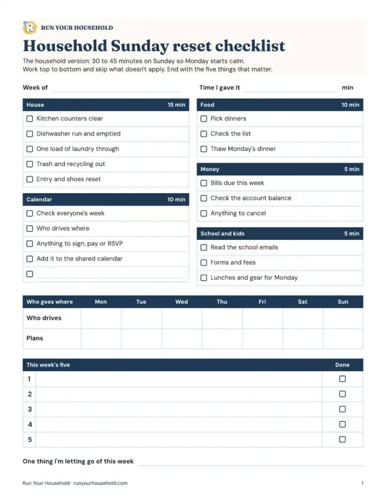 Preview of the sunday reset checklist worksheet.
