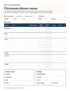 Preview of the blank christmas dinner menu and cooking timeline printable