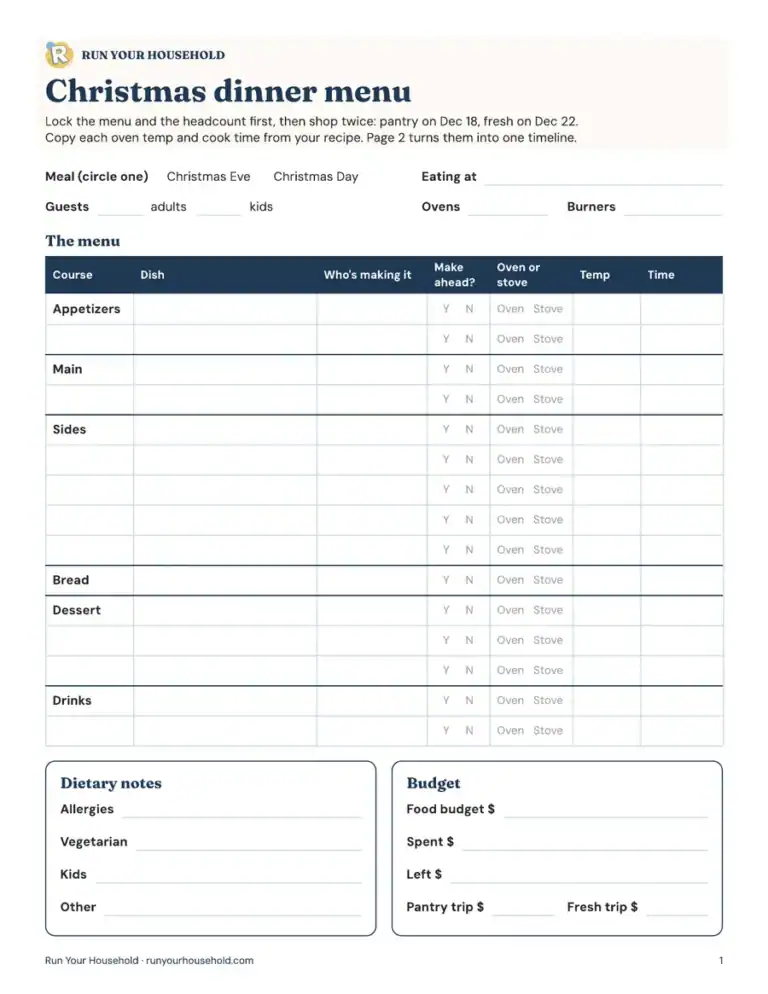 Free organization printables from Run Your Household Christmas dinner planner printable preview