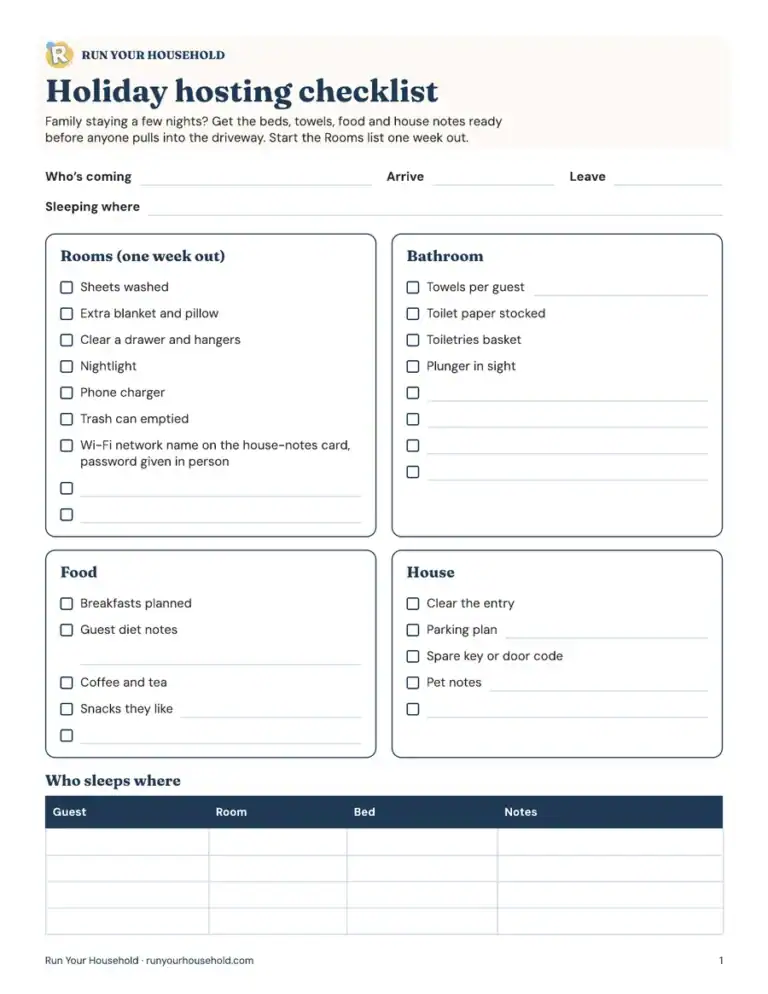 Page 1 of the holiday guest room checklist: rooms, bathroom, food and house.
