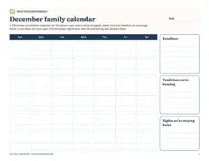 Preview of the blank december family calendar printable