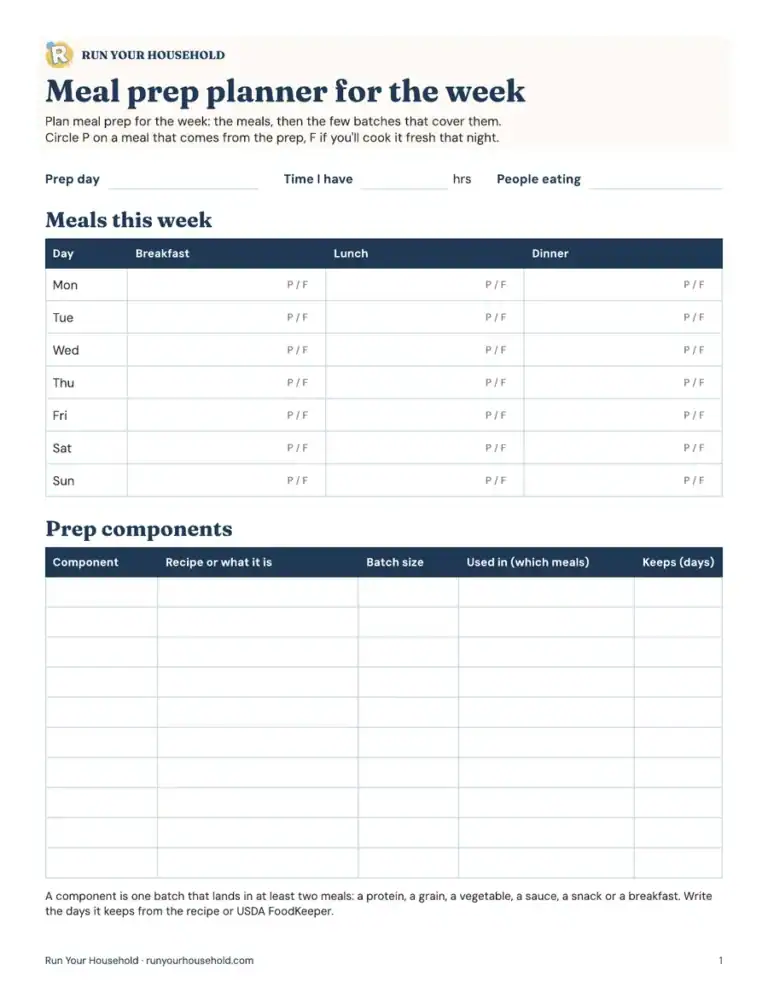 Preview of the meal prep planner for the week worksheet.