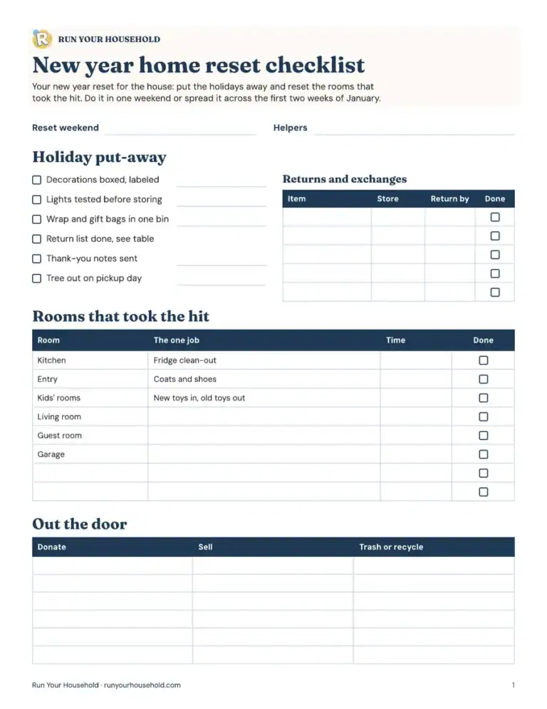 Preview of the new year home reset checklist worksheet.
