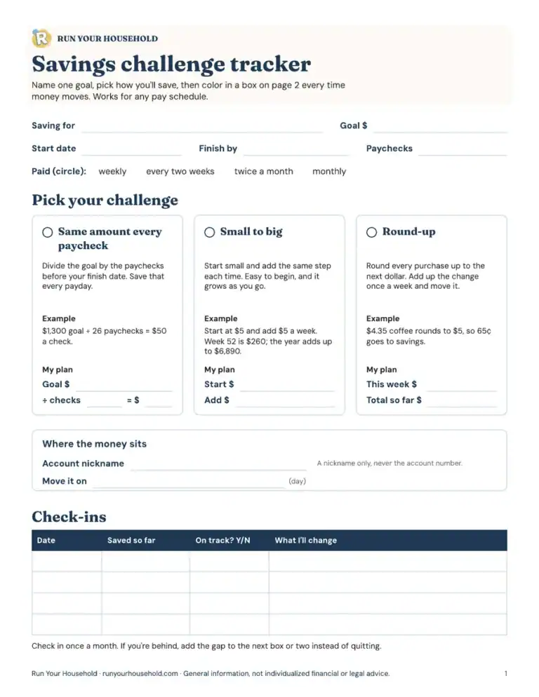 Preview of the savings challenge tracker worksheet from the printable version.