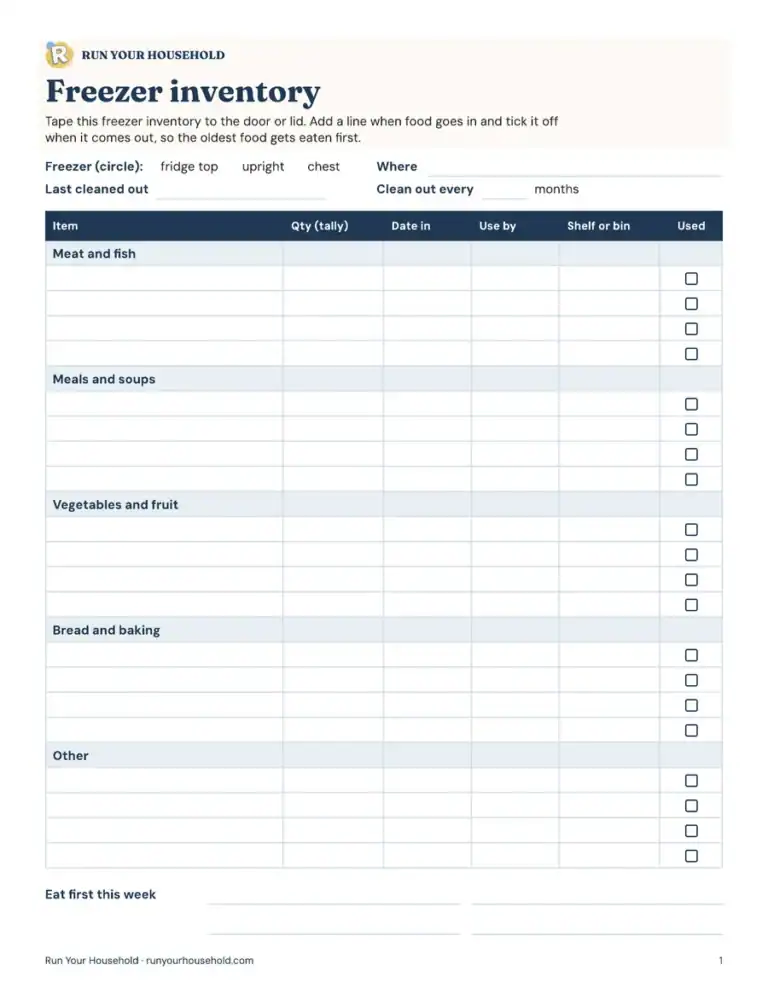 Preview of the freezer and fridge inventory worksheet.