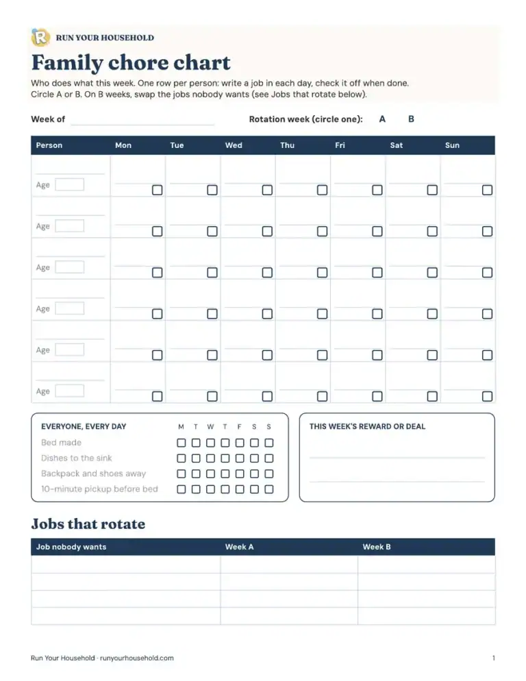 Free organization printables from Run Your Household Free organization printables: family chore chart preview