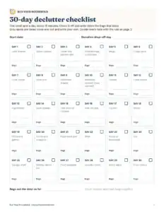Preview of the blank declutter checklist, 30 days printable