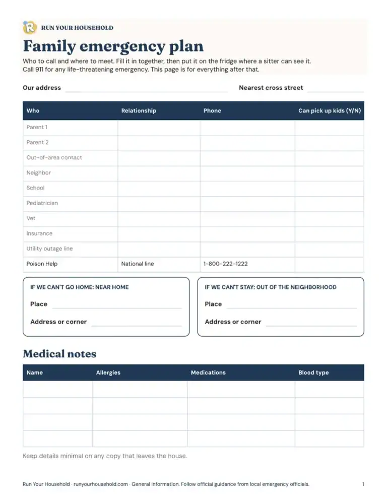 Preview of the family emergency plan worksheet.