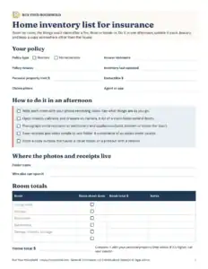 Preview of the blank home inventory list for insurance printable