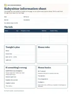 Preview of the blank babysitter and house sitter info sheet printable