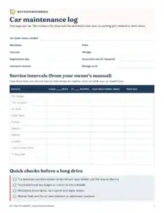 Preview of the blank car maintenance log printable