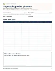 Preview of the blank vegetable garden planner printable