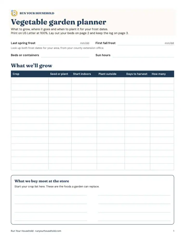 Preview of the vegetable garden planner worksheet.