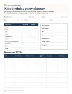 Preview of the blank kids birthday party planner printable