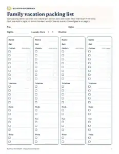 Preview of the blank family vacation packing list printable