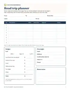 Preview of the blank road trip planner printable