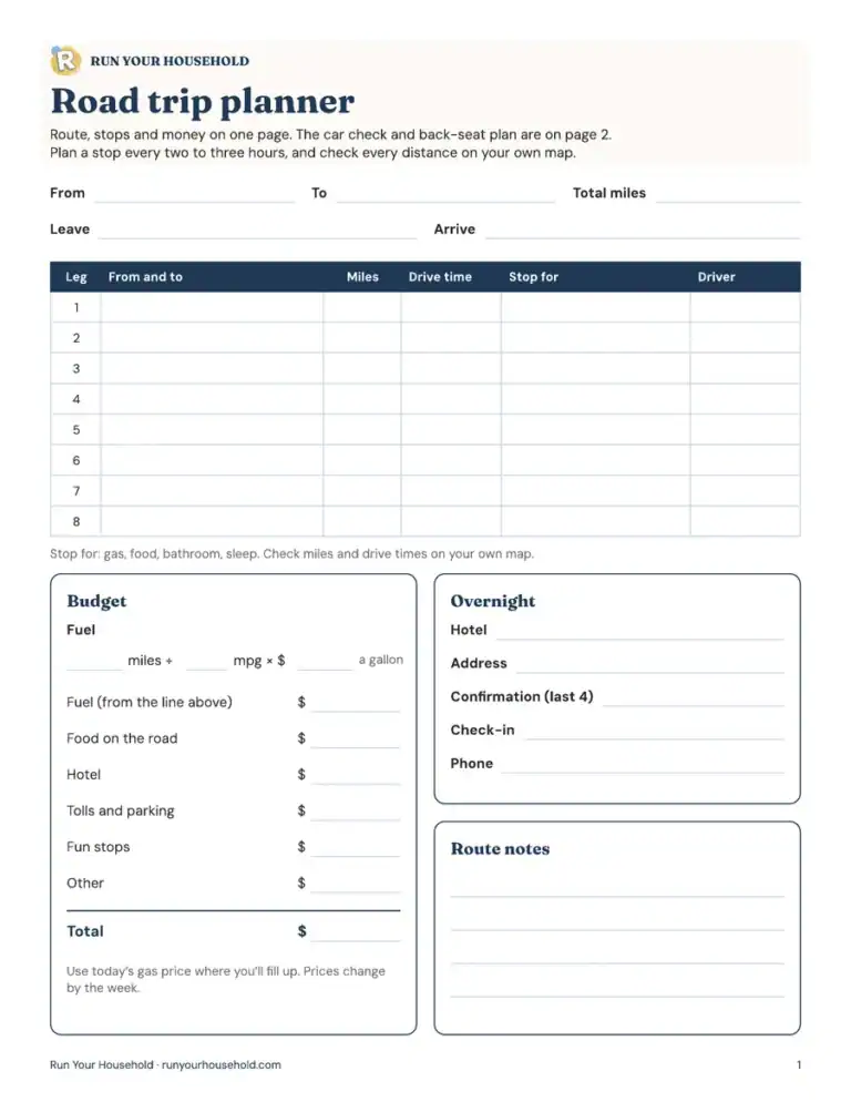 Preview of the road trip planner worksheet.