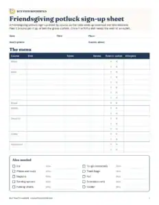 Preview of the blank friendsgiving potluck sign-up sheet printable