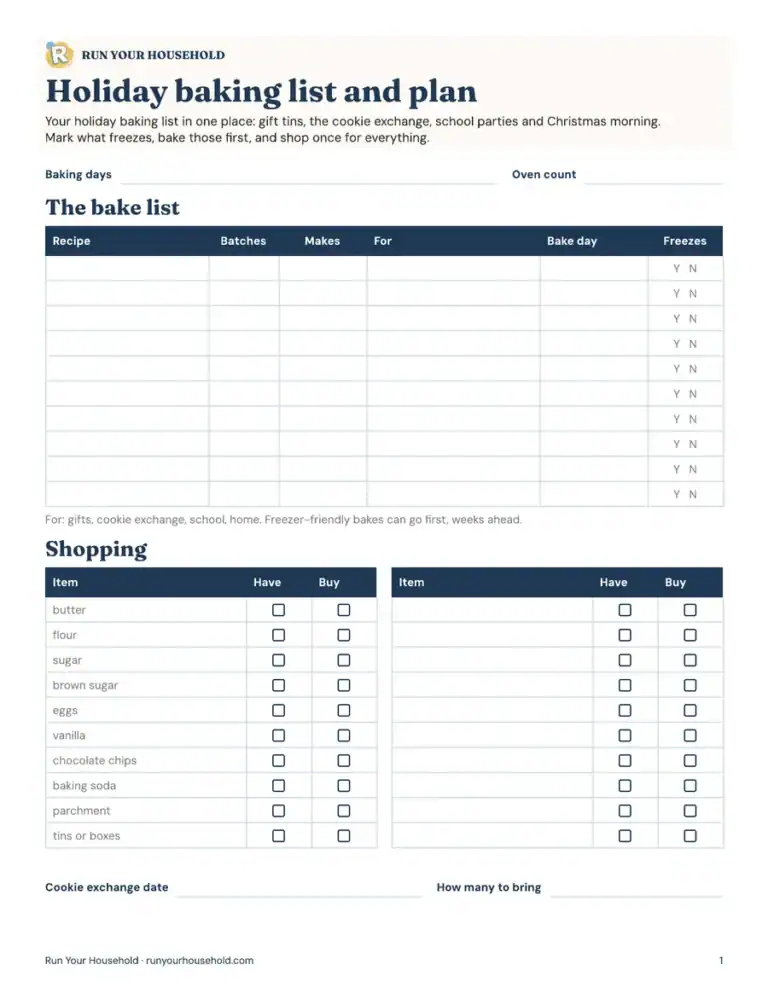 Preview of the holiday baking plan worksheet.