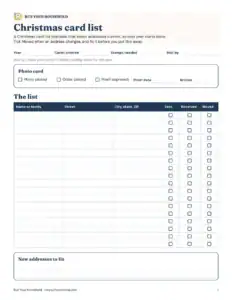 Preview of the blank christmas card list and address book printable