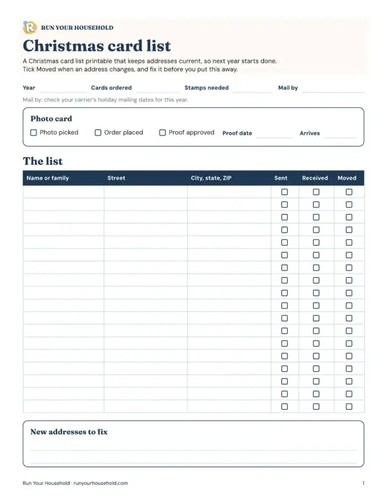 Preview of the christmas card list and address book worksheet.