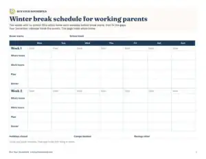 Preview of the blank winter break plan for working parents printable