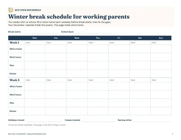 Preview of the winter break plan for working parents worksheet.