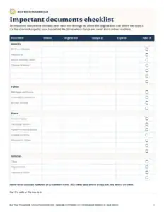 Preview of the blank important documents checklist printable