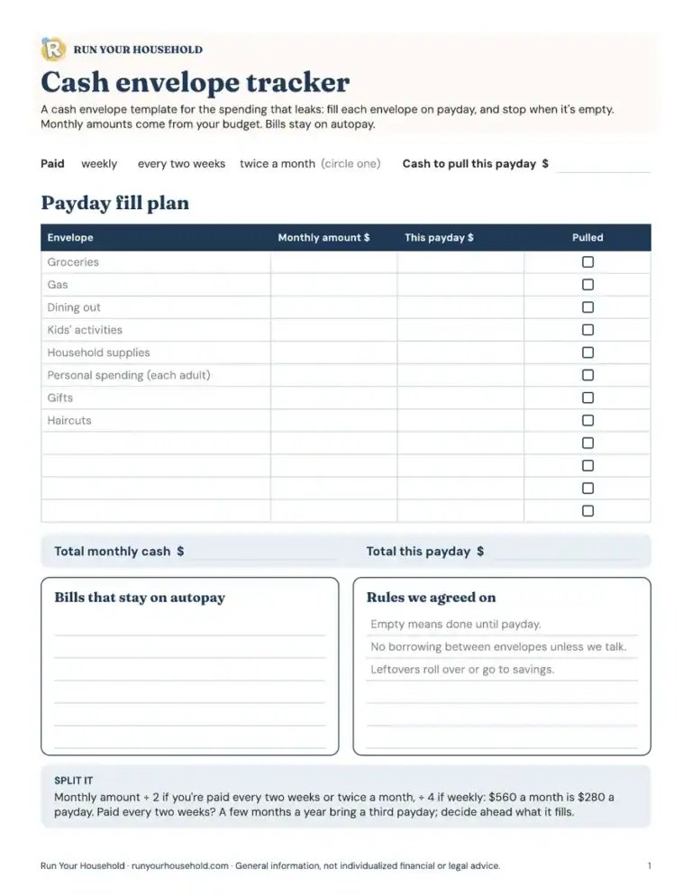 Preview of the cash envelope tracker worksheet from the printable version.