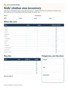 Preview of the blank kids' clothes size inventory printable