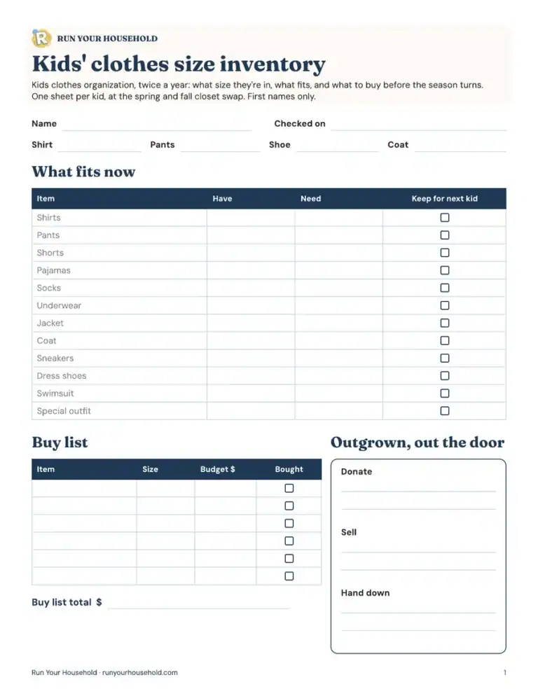 Preview of the kids' clothes size inventory worksheet.