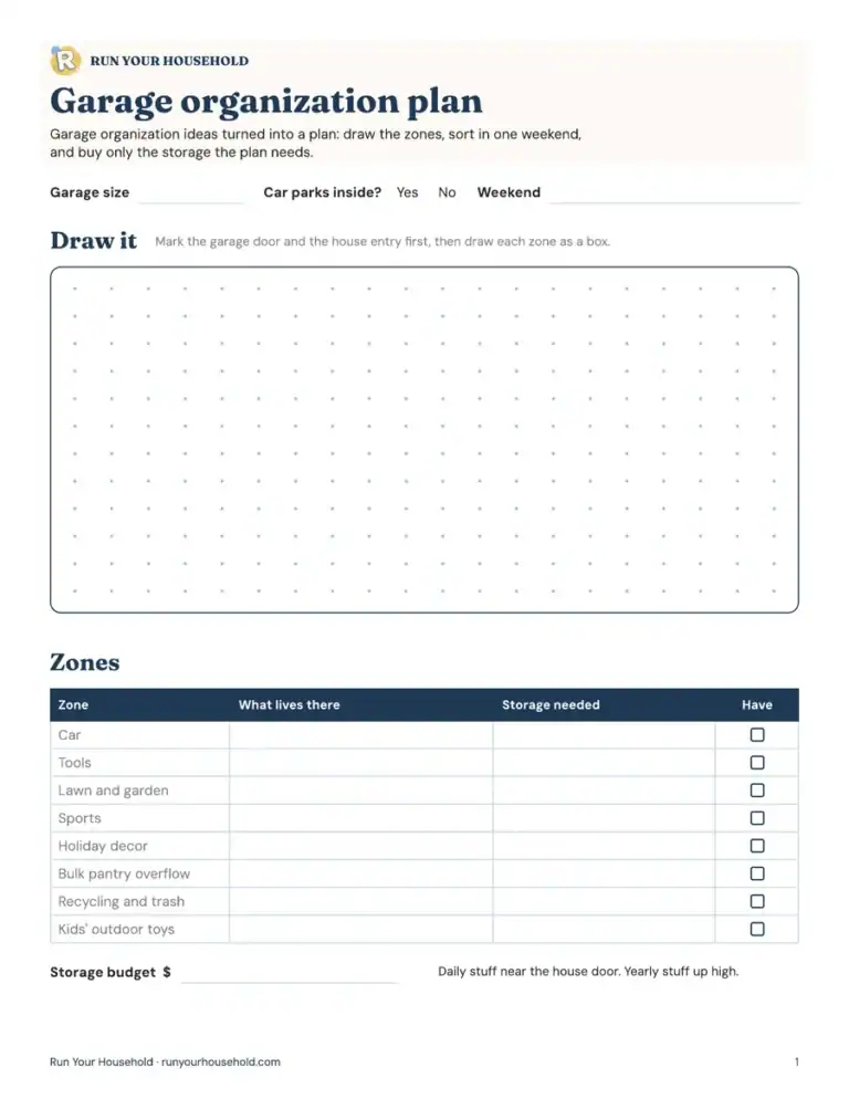Preview of the garage organization plan worksheet.