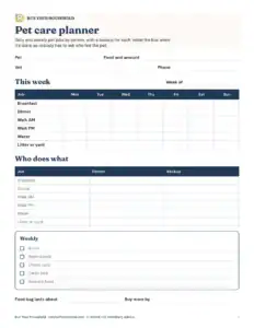 Preview of the blank pet care schedule printable