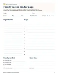 Preview of the blank family recipe binder pages printable