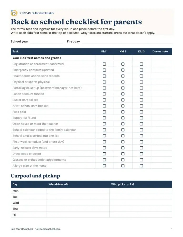 Preview of the back to school checklist for parents worksheet.