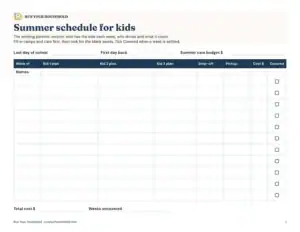 Preview of the blank summer schedule for working parents printable