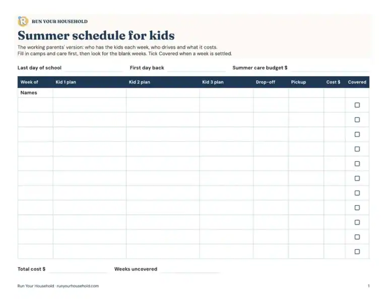 Preview of the summer schedule for working parents worksheet.