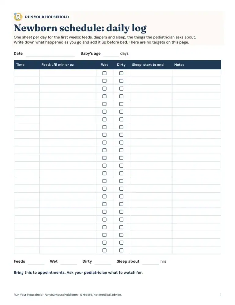 Preview of the newborn first weeks log worksheet.