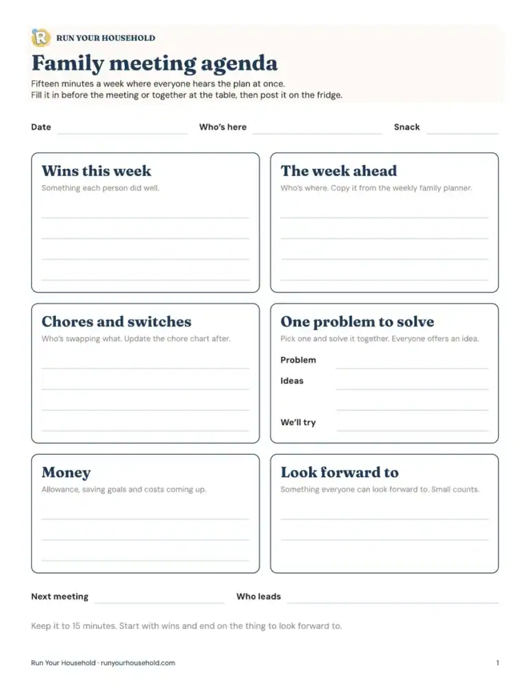 Preview of the family meeting agenda worksheet.