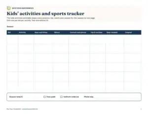Preview of the blank kids activities and sports tracker printable