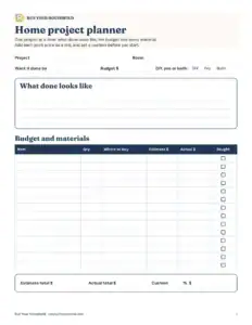 Preview of the blank home project planner printable