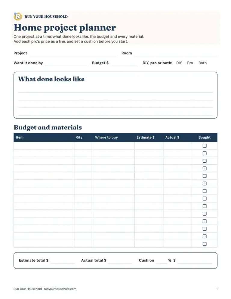 Preview of the home project planner worksheet.