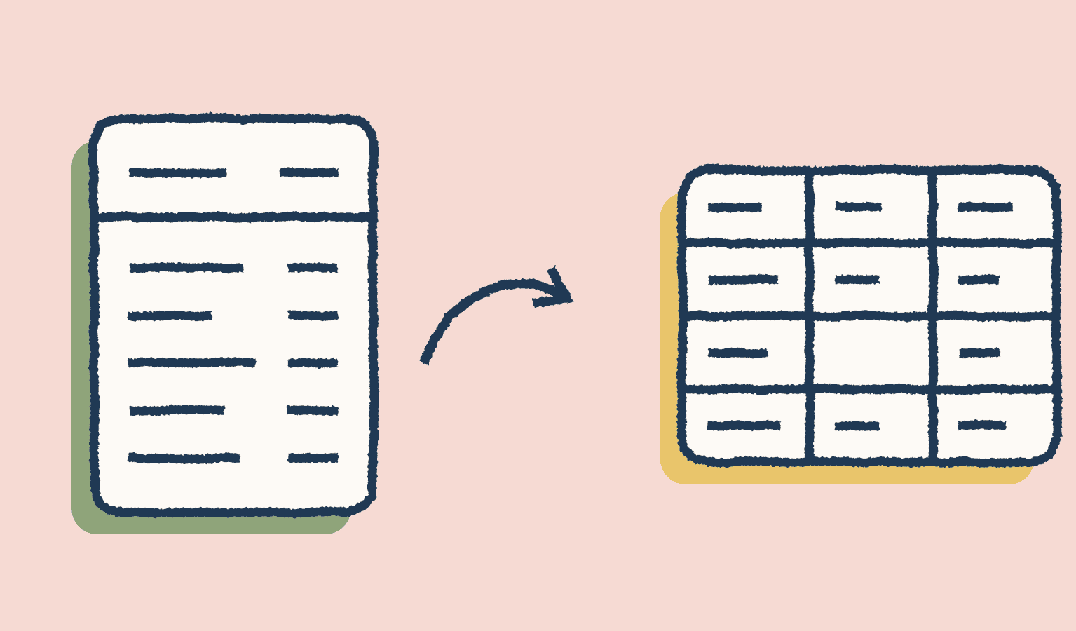 Hand-drawn bank statement with an arrow pointing to a spreadsheet grid, on a soft pink tile.
