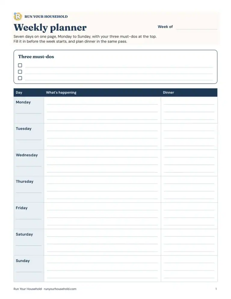 Free weekly planner printable preview: seven days on one page