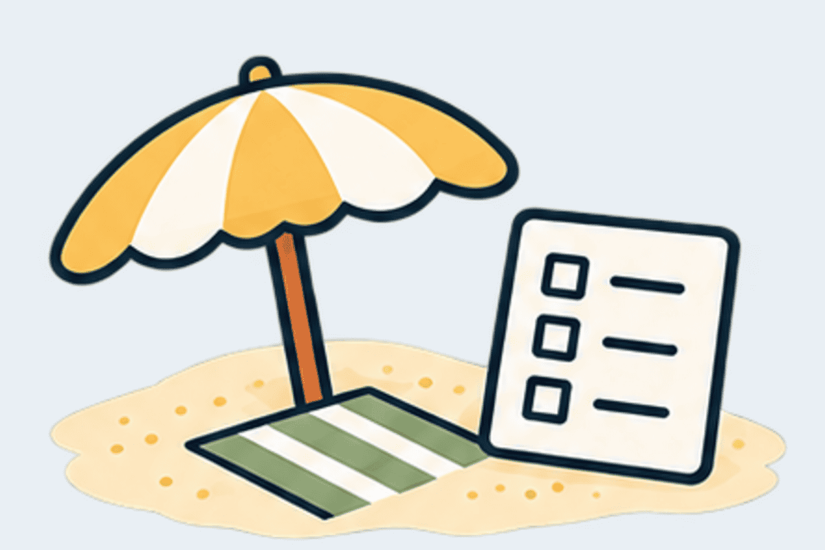 Beach umbrella, towel and vacation checklist.