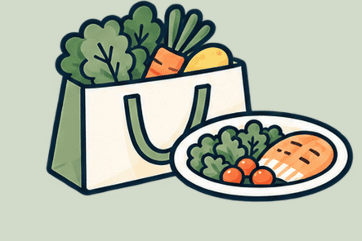 Groceries beside a prepared meal.