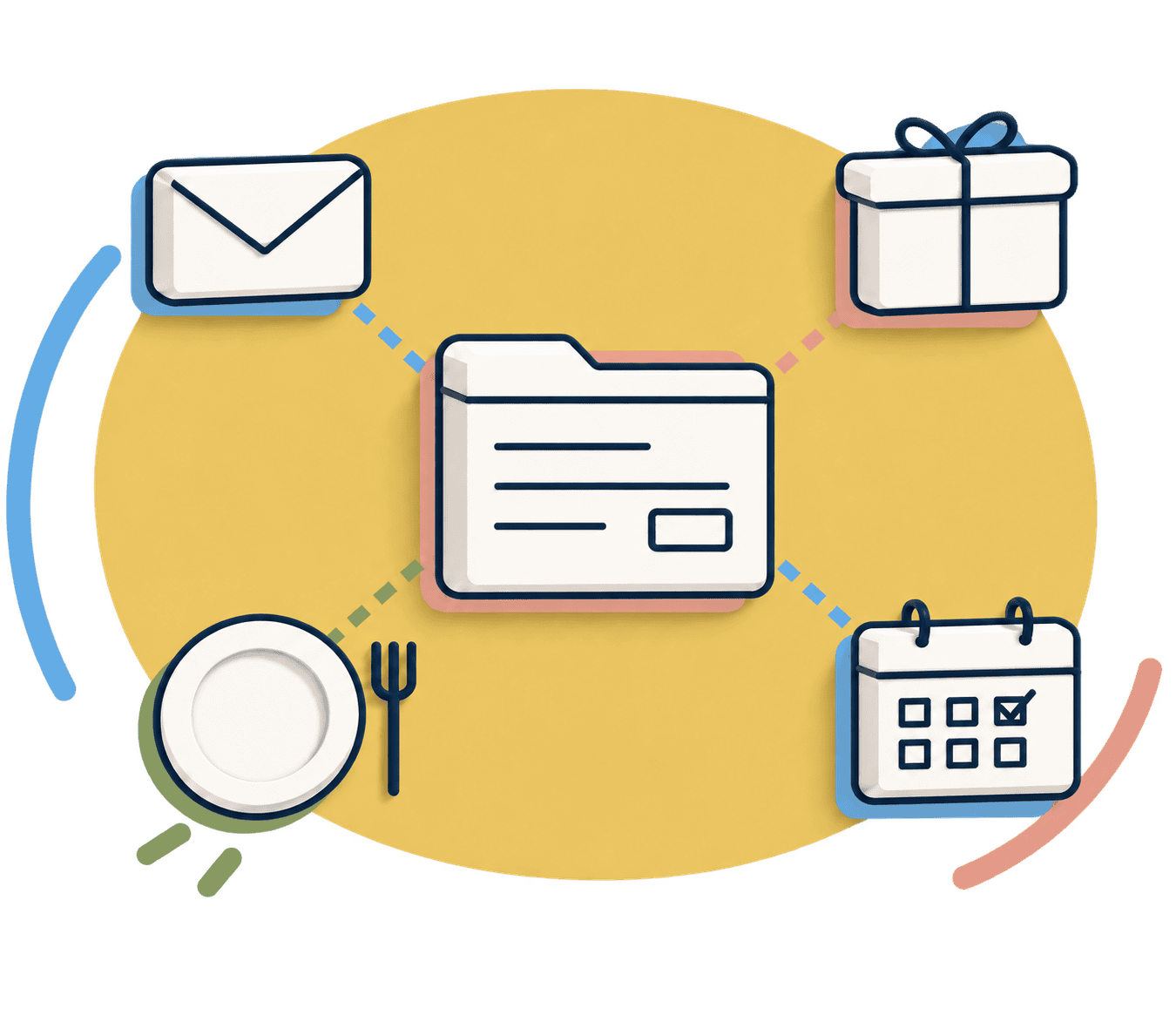 Household folder connected to an envelope, gift, empty plate and calendar.